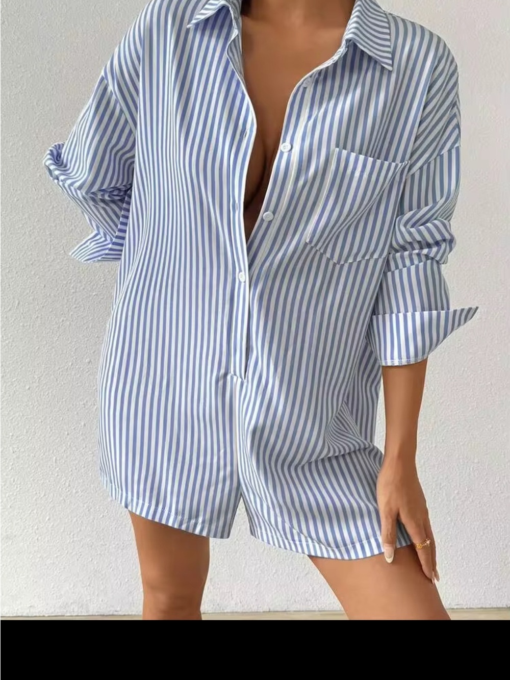 SHEIN Blue and White Striped Button-Front Romper